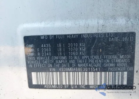 2014 Subaru Legacy 2.5I z USA, uszkodzony, nr VIN 4S3BMBA68E3011541